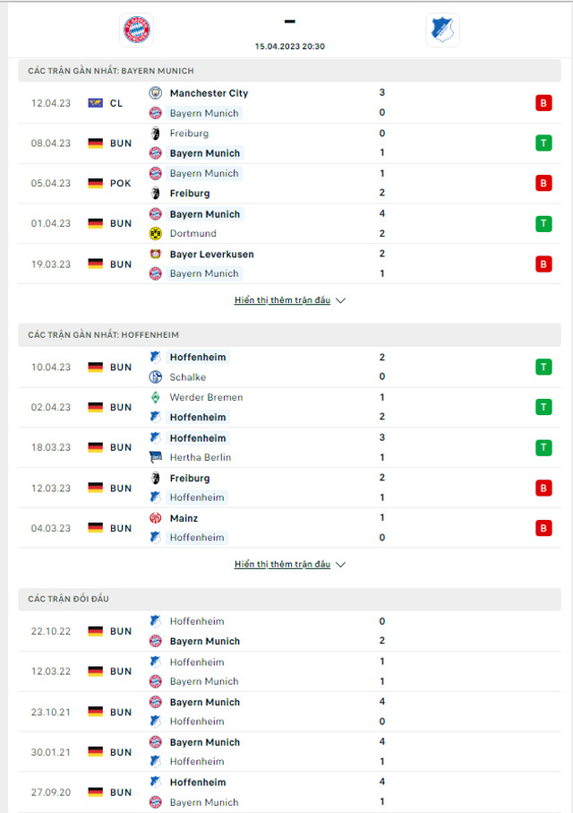 Thành tích đối đầu Bayern vs Hoffenheim