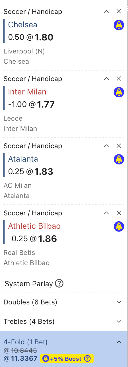 Kèo xiên 25/2: Chelsea +1/2 + Atalanta +1/4 + Inter -1 + Bilbao -1/4